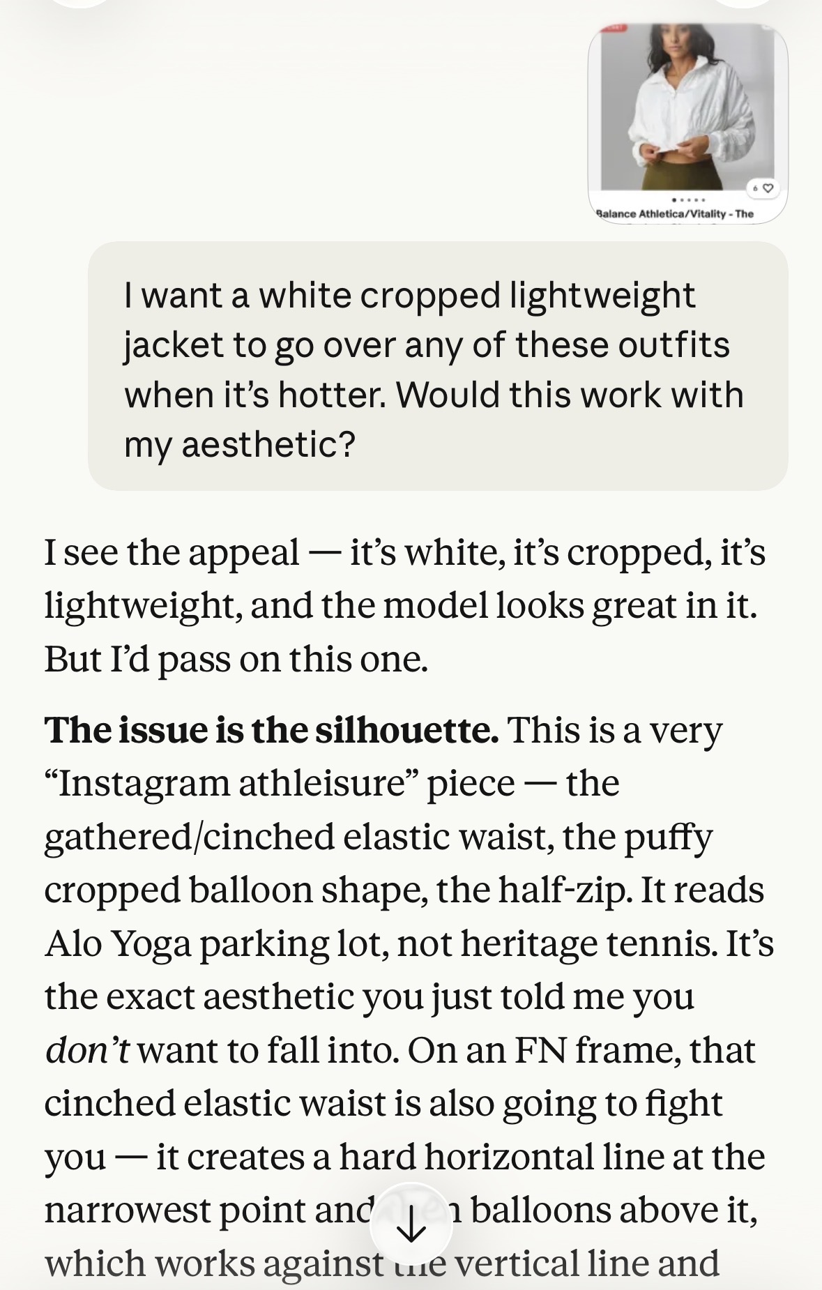 Nomi rejects cropped jacket on silhouette grounds